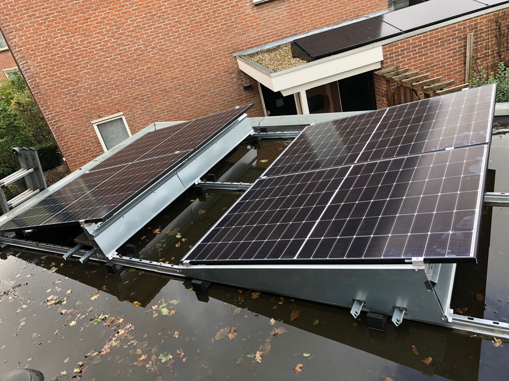 Installatie van zonnepanelen op een dak, zichtbaar met reflectie in water en omgevingsplanten.