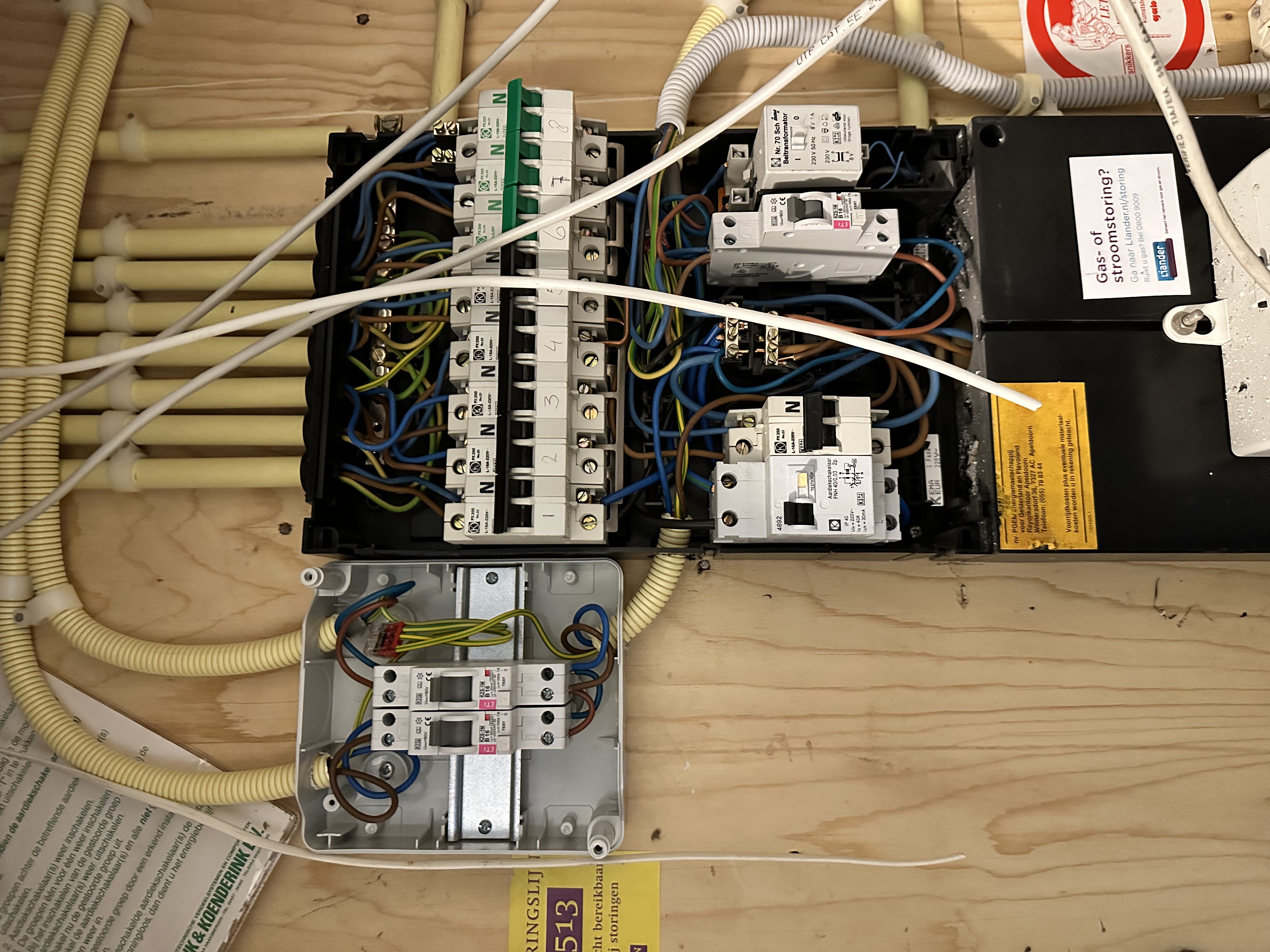 De afbeelding toont een meterkast met verschillende elektrische installaties en bedrading, nuttig voor de bediening van zonnepanelen.