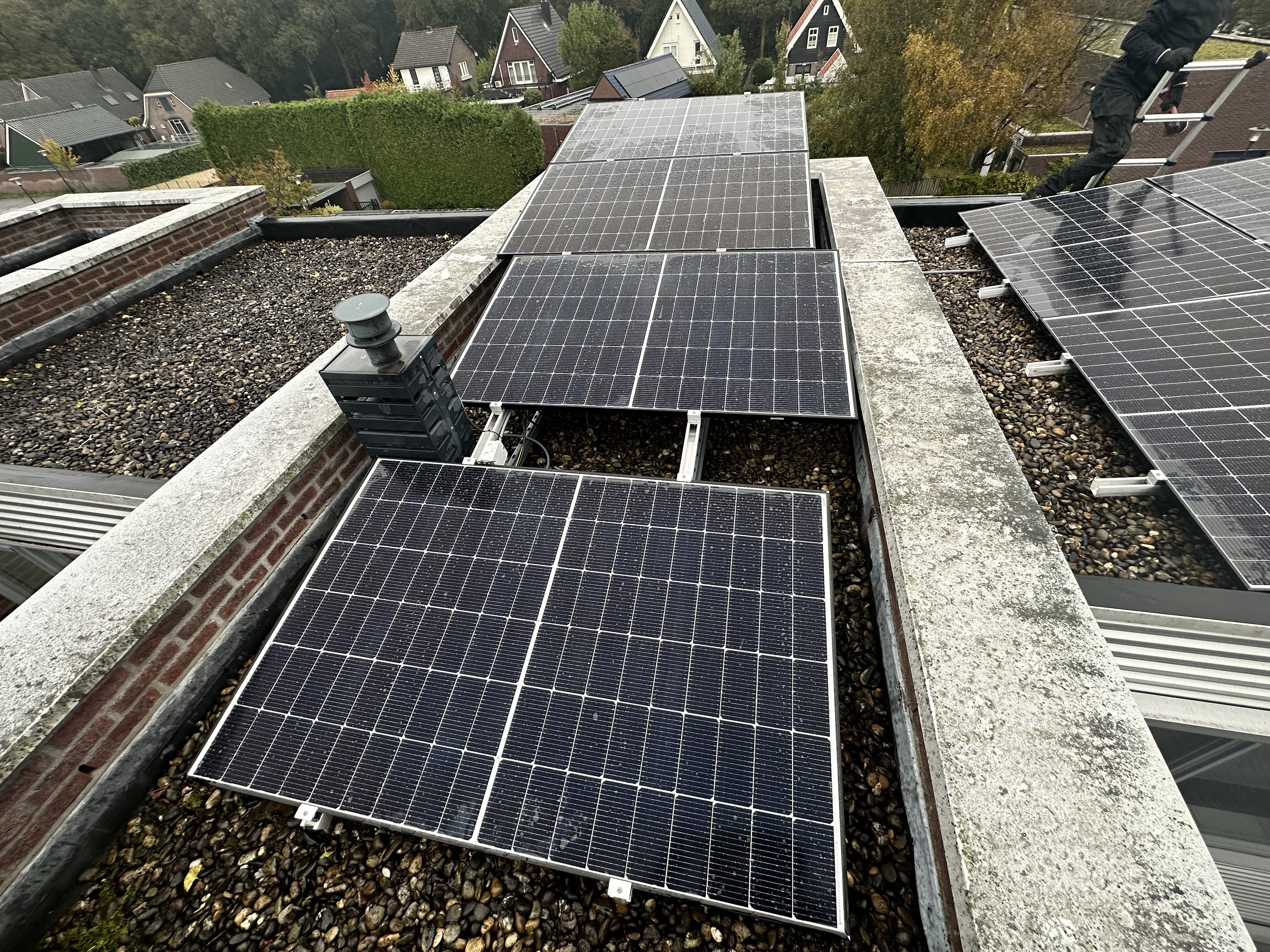 Installatie van zonnepanelen op een plat dak, gericht op het opwekken van duurzame energie.