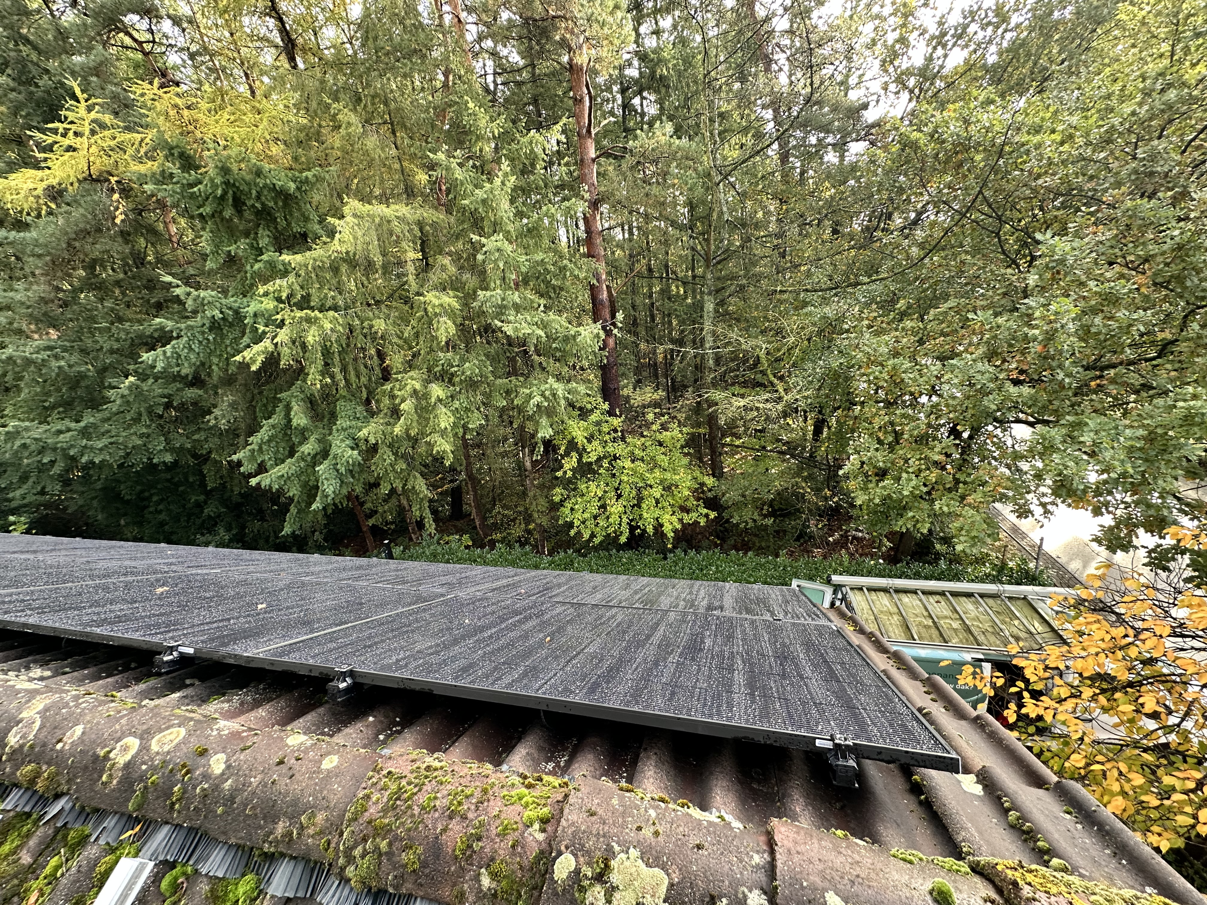 Een installatie van zonnepanelen op een hellend dak, omgeven door bomen, die waarschijnlijk stroom opwekt uit zonne-energie.