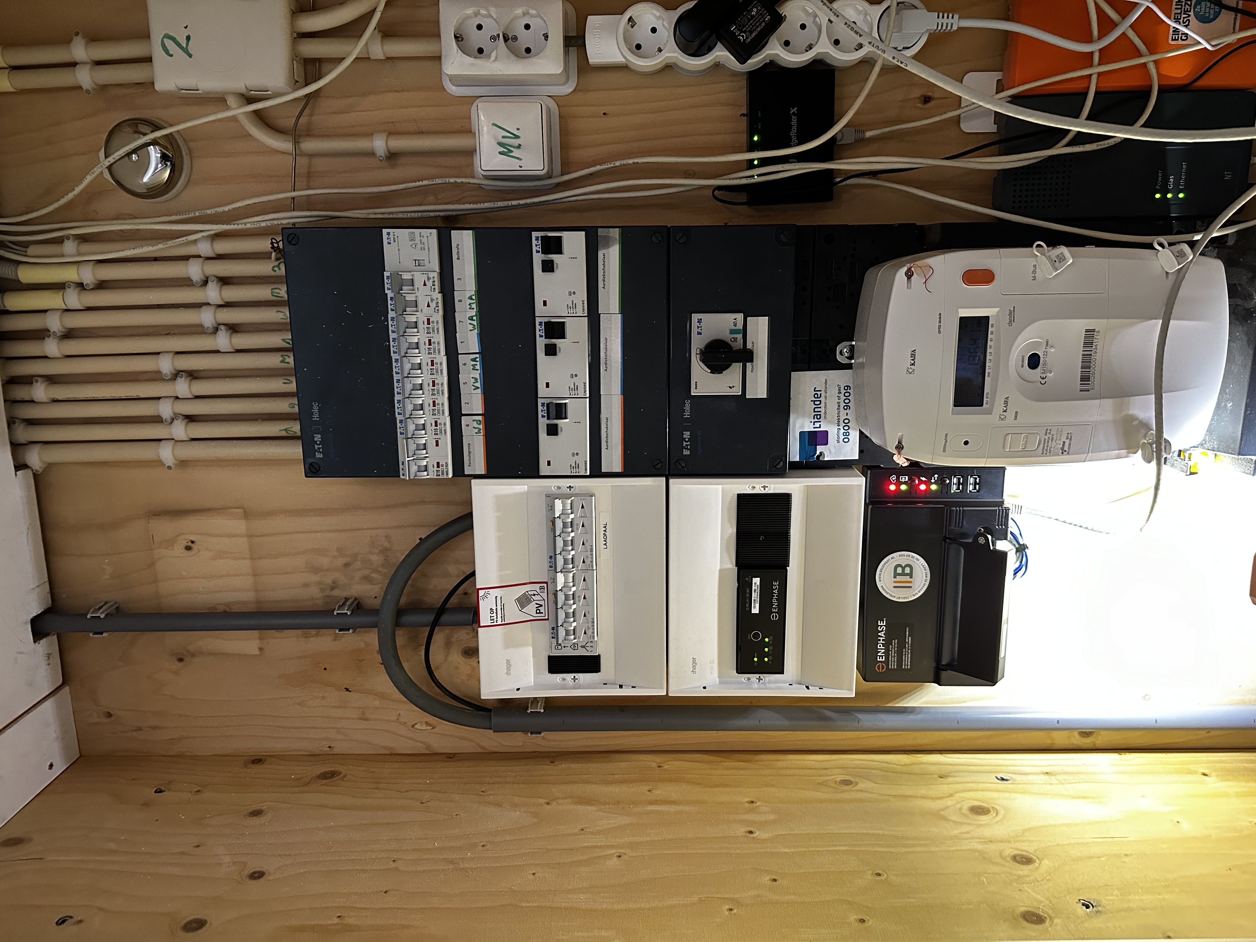 De afbeelding toont een meterkast met apparaten en aansluitingen voor een zonnepaneleninstallatie, inclusief een omvormer.